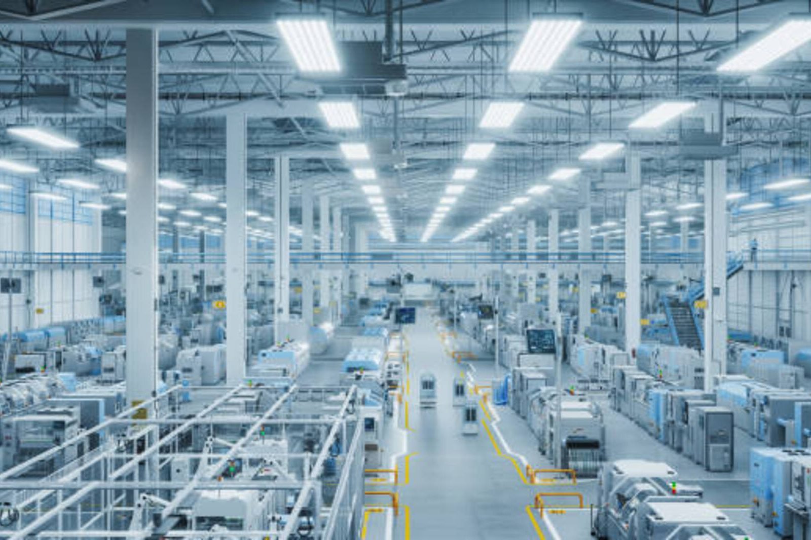 3D Render: Modern Manufacturing Plant with Advanced Robotic Arms Operating on an Assembly Line with Electronic Components Moving on Conveyor Belts. Elevated Top Angle Shot Of Advanced Facility.